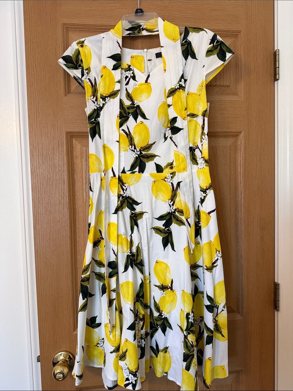 White Lemon-Print Midi Dress with Flared Skirt